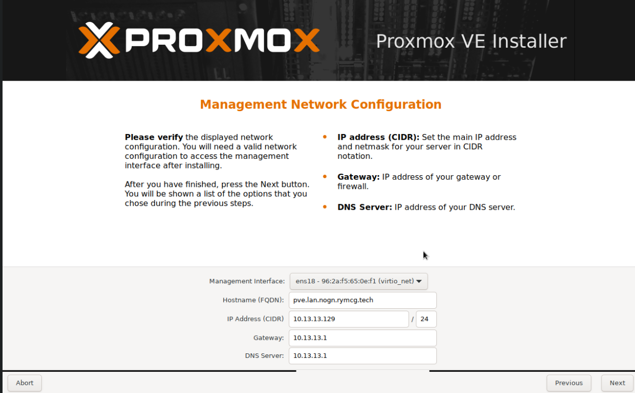 Network configuration, including Hostname, IP address, Gateway, and DNS